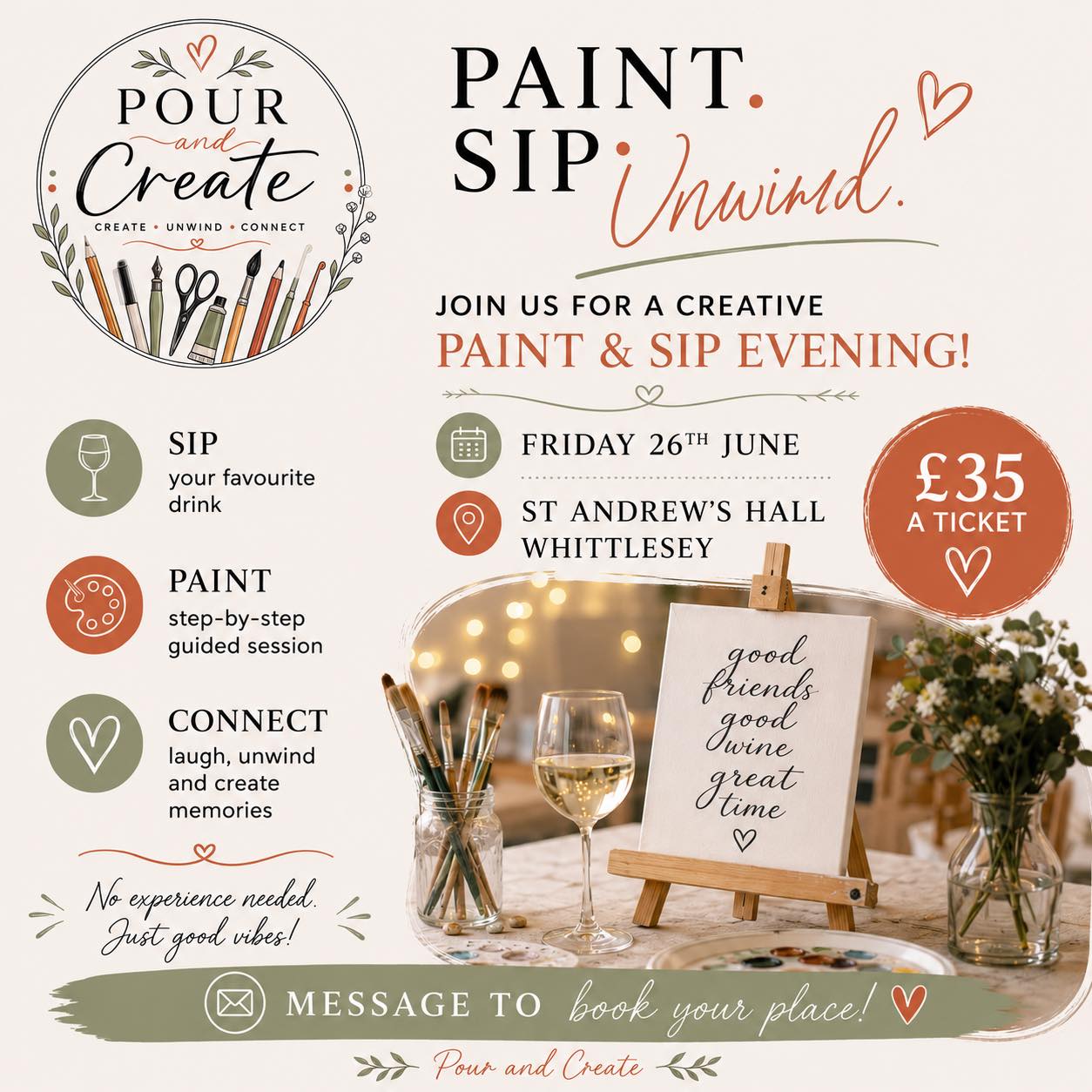 Flyer for Paint and Sip Evening at St Andrew's Hall